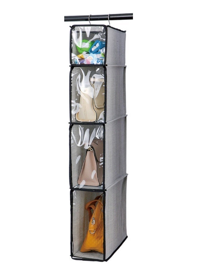 4 Tier Handbag Purse Organizer with Dustproof Cover, Foldable Hanging Closet Wardrobe Storage Shelves Closet Storage System for Living Room Bedroom Home Use(Grey）